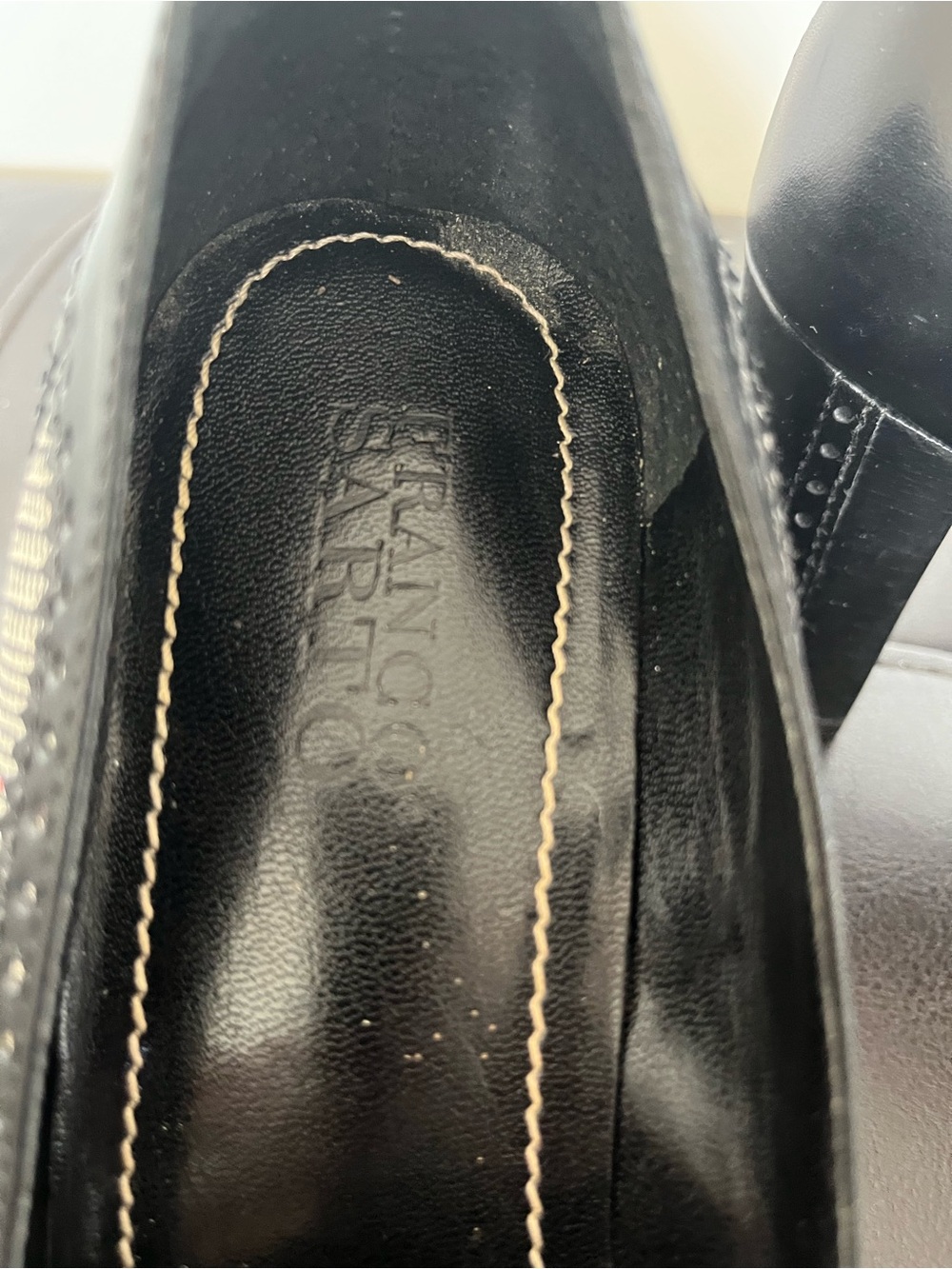 Franco Sarto Black and Cream Plaid Brogue Heels with Bow Accent - Picture 3 of 5
